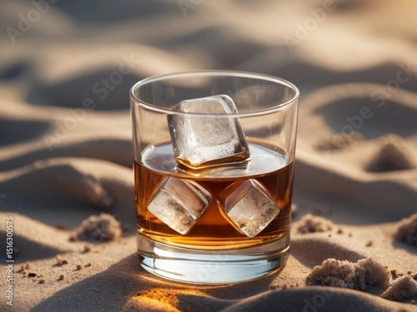 Obraz Whiskey on the Rocks, A Tranquil Moment on the Beach, Golden Beverage Reflection