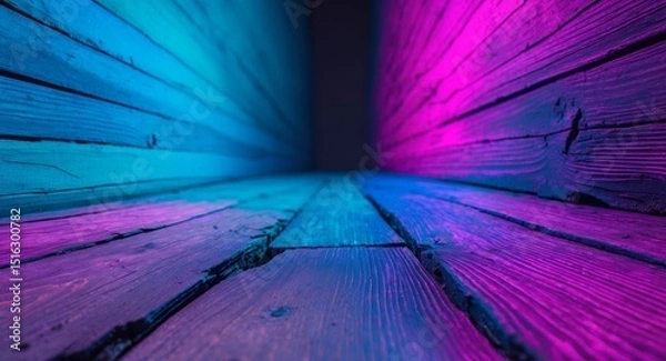 Obraz Wooden Planks Illuminated with Neon Lights Creating a Futuristic Perspective.