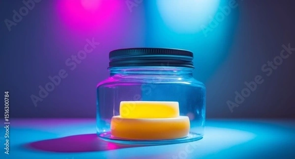 Obraz Yellow blocks in a jar illuminated with blue and pink lights, creating a futuristic feel.