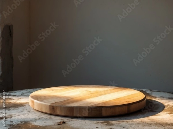 Obraz Wooden Round Board Displayed on Aged White Table, Spotlighted in Warm Interior.