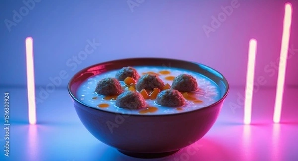 Obraz A Bowl of Delicious Meatball Porridge with a Neon Light Aesthetic, Food Presentation.