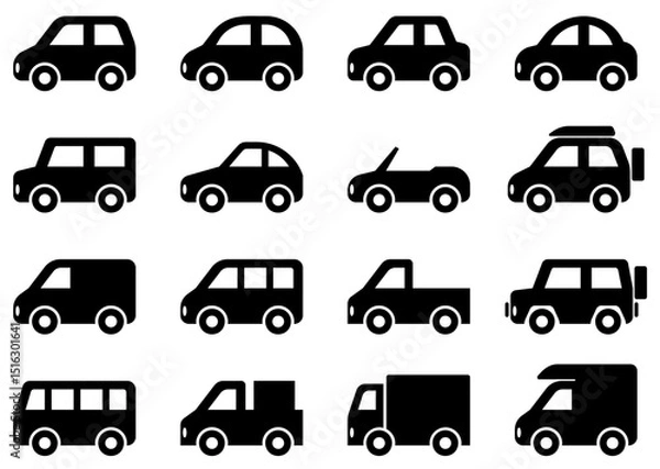 Fototapeta 様々な形の車、自動車のアイコンのベクターイラストのセット