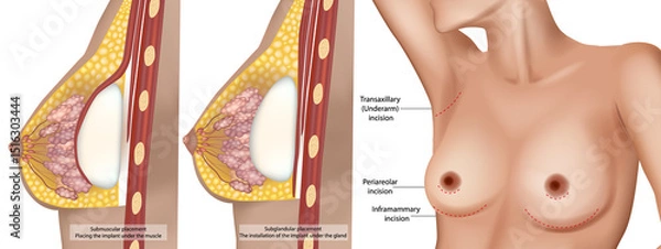 Obraz Detailed medical illustration showing two types of breast implant placements—submuscular and subglandular. The locations for breast augmentation surgery, including transaxillary, periareolar, and infr