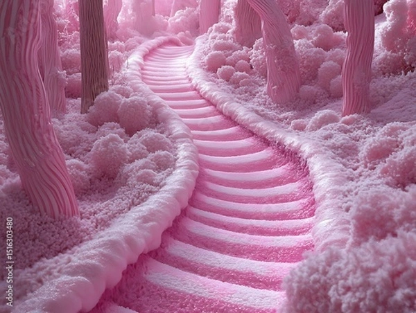 Fototapeta Enchanting pink pathway through a whimsical forest, inviting dreams and imagination