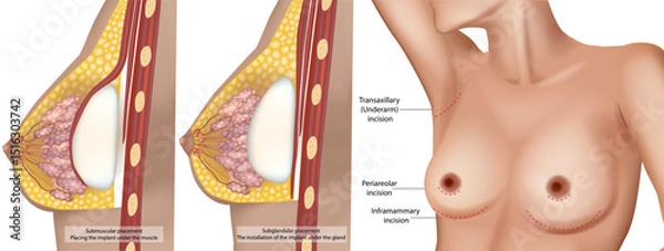 Obraz Detailed medical illustration showing two types of breast implant placements—submuscular and subglandular. The locations for breast augmentation surgery, including transaxillary, periareolar, and infr