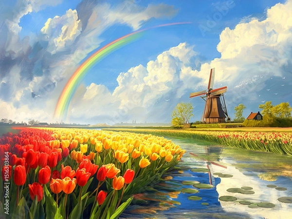 Fototapeta Tulip field and windmill all over the Netherlands, rainbow after rain,　　　　