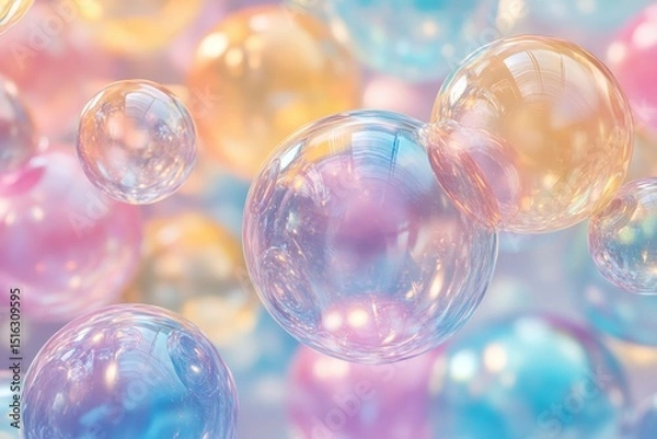 Obraz Iridescent bubbles float, reflecting pink, blue, and golden hues in soft light. Use this as a whimsical background for a party, kids, or a dreamy concept.