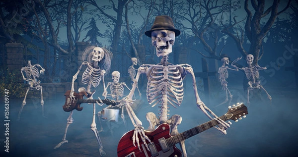 Fototapeta Halloween party: eerie music group playing rock in frightening gothic graveyard. Amusing skeletons dancing, playing guitars and drums.