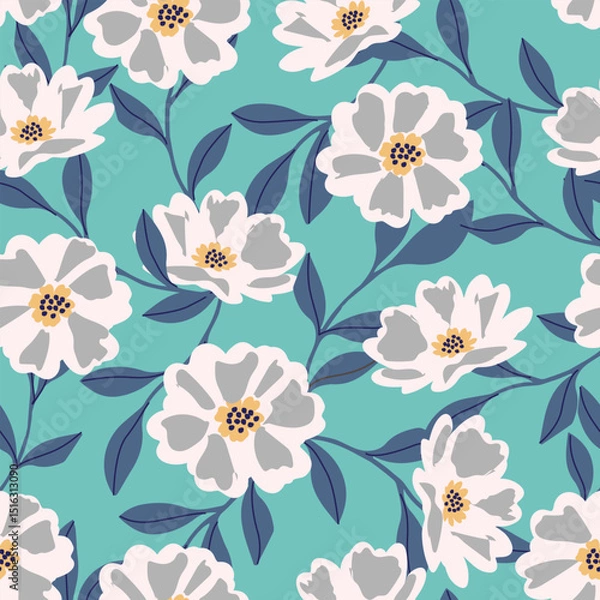 Fototapeta Seamless floral pattern featuring white wildflowers with dark leaves on a soft pink and teal blue background. Elegant and delicate botanical design perfect for textiles, wallpapers, greeting card