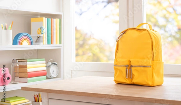 Fototapeta School supplies and yellow schoolbag on wooden table with copy space. Original work - no AI used
