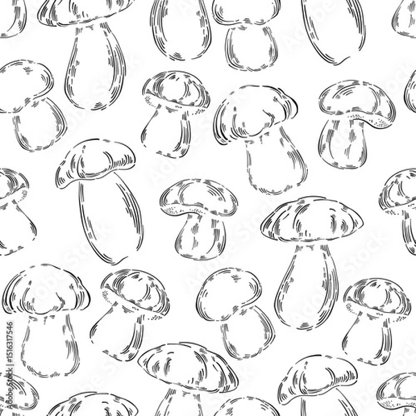 Fototapeta Mushrooms, cep. Seamless vector pattern, monochrome contours on white. Hand drawn illustration. Perfect for design templates, wallpaper, wrapping, fabric, print and textile. 