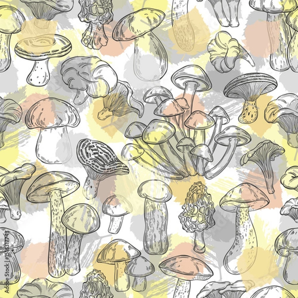 Fototapeta Mushrooms and leaves. Seamless vector pattern, monochrome contours and colored silhouettes on white. Hand drawn illustration. Perfect for design templates, wallpaper, wrapping, fabric, print and texti