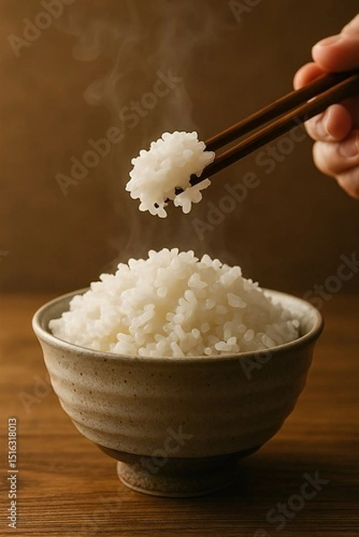 Obraz お茶碗に盛られた湯気が立ち上る白米を箸で持ち上げるシーン