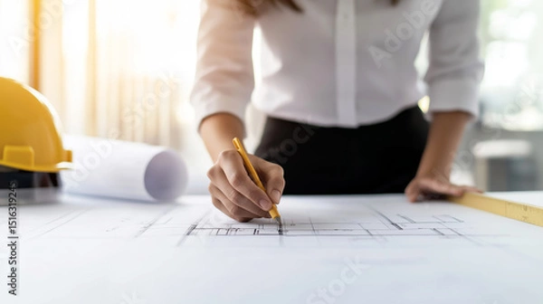 Fototapeta Skilled architect drafting construction blueprint, measuring and planning with precision using professional design tools at workspace