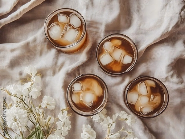 Fototapeta Refreshing Iced Beverages with Ice Cubes on a Soft Fabric Background