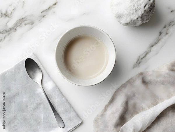 Fototapeta Creamy White Sauce in Ceramic Bowl on Marble Surface with Spoon