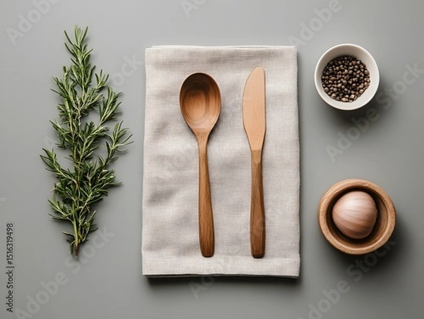 Fototapeta Wooden Kitchen Utensils on Table with Herbs and Spices in Bowls