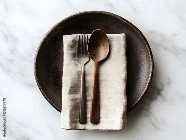 Fototapeta Elegant Table Setting With Wooden Spoon and Fork on Marble Surface