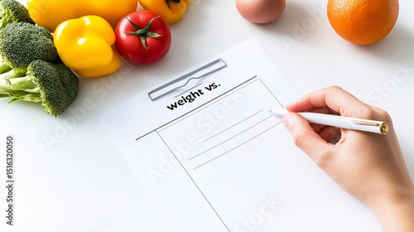 Fototapeta Nutritionist tracking weight loss progress, recording data on clipboard near fresh produce and eggs, promoting healthy eating habits