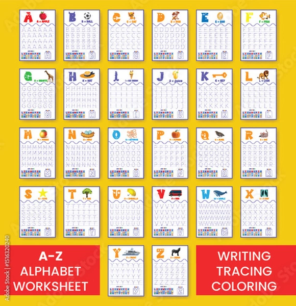Obraz set of A to Z Alphabet learning and writing practice tracing worksheet template bundle, ABC writing, tracing, coloring practice a4 print ready worksheet vector template pack for kids