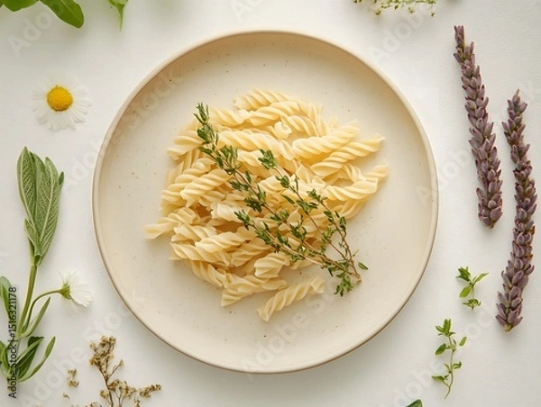 Fototapeta Fresh Pasta with Herbs Surrounded by Greenery and Flowers