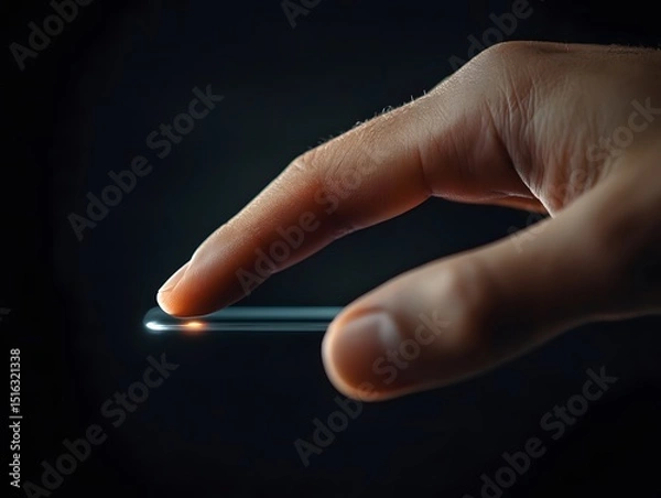 Fototapeta Delicate Touch of a Finger on a Light Source in Dark Background