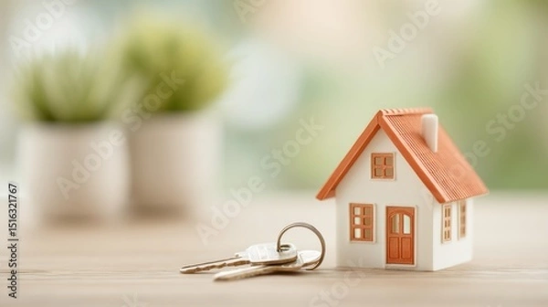 Fototapeta House keys resting on table next to model home symbolizing new home purchase