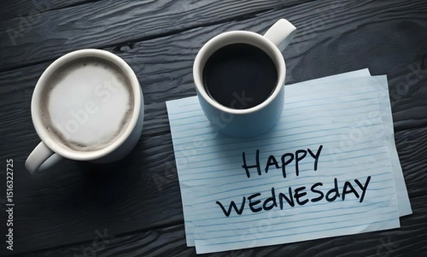 Obraz A paper note with "Happy Wednesday" written on it, top view, next to a coffee cup on a dark oak wood textured table, early morning light, no people present.