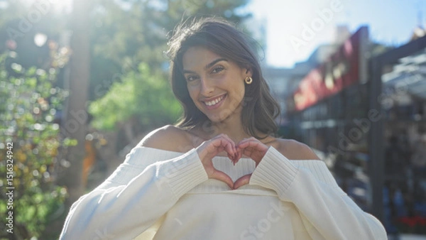 Fototapeta Woman smiling in city park with sunlight highlighting her features, wearing off-shoulder sweater, making heart shape with hands, displaying joy and beauty outdoors.