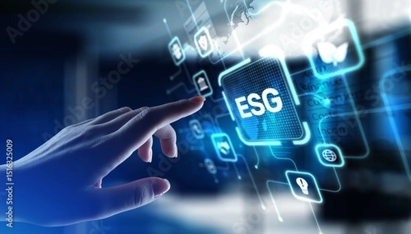 Fototapeta ESG Environmental, Social, and Governance Standards for Sustainable Business Practices, projection on a virtual screen, Business and Technology Concept.