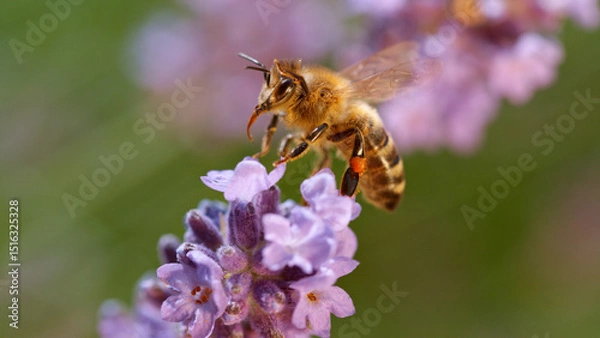 Fototapeta Macro of a bee flying to a purple sage flower