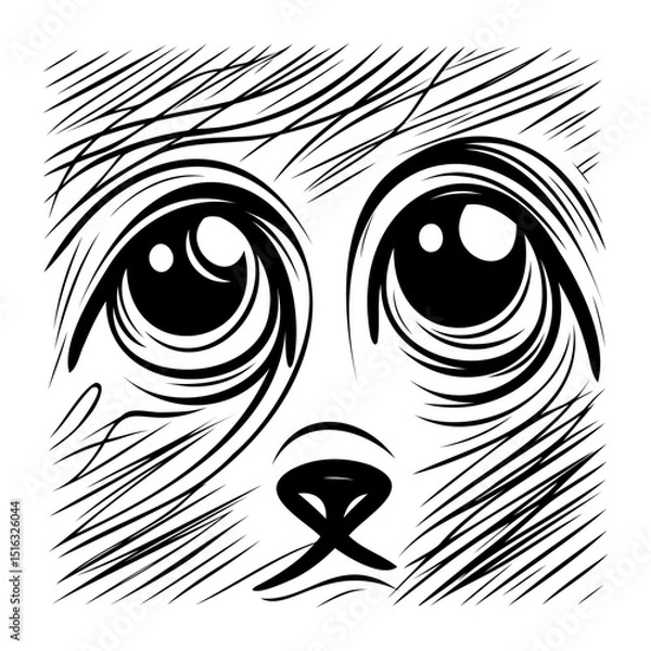Fototapeta Close up sketch of a cute animal face with big eyes and a small nose rendered in black and white lines.