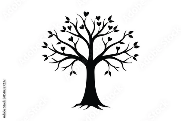 Fototapeta Black silhouette tree design with heart shaped leaves representing love and nature.