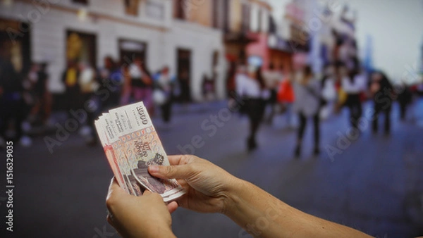 Fototapeta Man holding icelandic krona banknotes on a bustling urban street, capturing the essence of outdoor economic activity and investment in a lively town setting.
