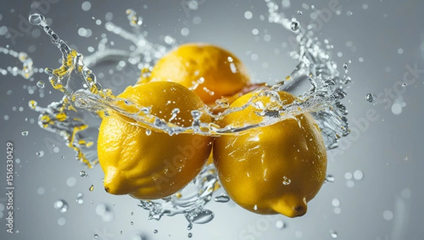 Fototapeta Fresh Lemon with Juice Splashes on White Background Illustration
