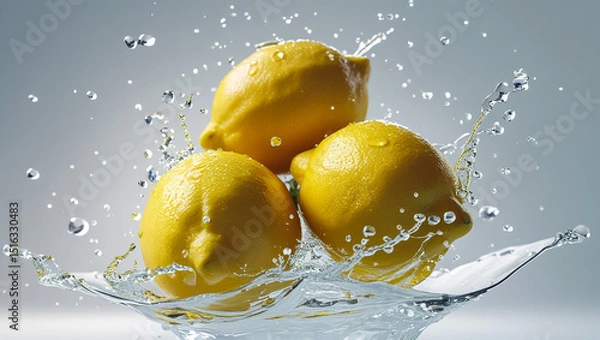 Fototapeta Fresh Lemon with Juice Splashes on White Background Illustration