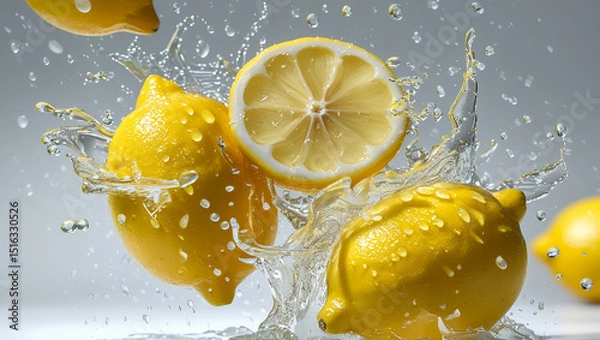 Fototapeta Fresh Lemon with Juice Splashes on White Background Illustration