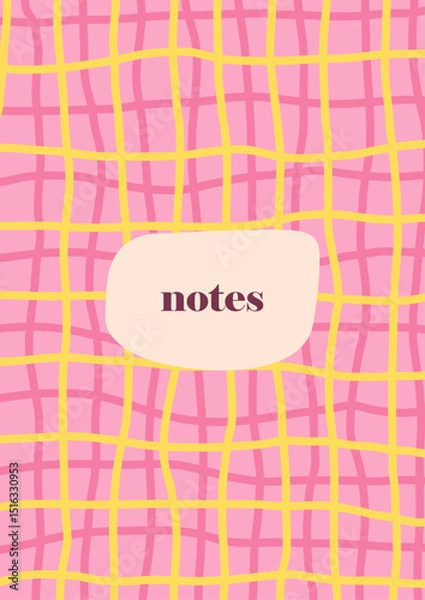 Obraz Vector hand-drawn minimalist notes cover template with pastel pink and yellow tones, wavy lines, checker pattern. Trendy, playful designs for social media, stationery, and branding
