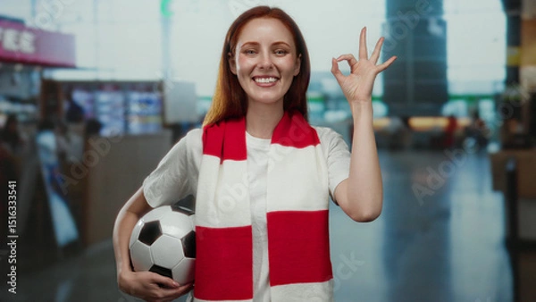 Fototapeta Woman in airport terminal holding soccer ball with red scarf smiles confidently indoors capturing joyful travel spirit and passion for sports showing positive gesture.