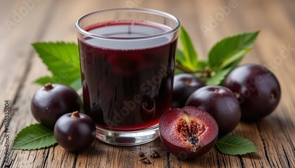 Obraz Jamun or Black Plum Juice in a Glass with Fruit and Leaves Isolated on a Wooden Background with Also Known as Malabar Plum, Syzygium Cumini or Jambolan.
