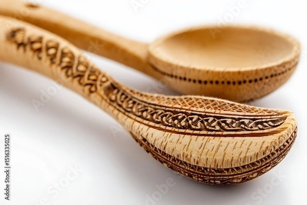 Fototapeta a set of wooden spoons hand-carved with intricate patterns gently clinking together mid-motion, isolated cleanly against a pure