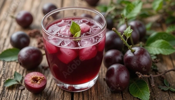 Obraz Jamun or Black Plum Juice in a Glass with Fruit and Leaves Isolated on a Wooden Background with Also Known as Malabar Plum, Syzygium Cumini or Jambolan.