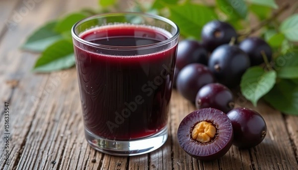 Obraz Jamun or Black Plum Juice in a Glass with Fruit and Leaves Isolated on a Wooden Background with Also Known as Malabar Plum, Syzygium Cumini or Jambolan.
