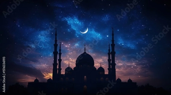 Obraz A mosque silhouette shines under a crescent moon and starry, celestial sky. Perfect for Ramadan, Eid, or Islamic themed content for digital and print use.