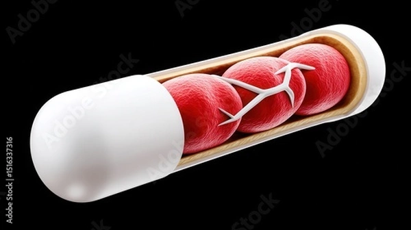 Obraz Medical 3D illustration of a capsule containing red blood cells and blood vessels, representing drug delivery or nanomedicine technology.
