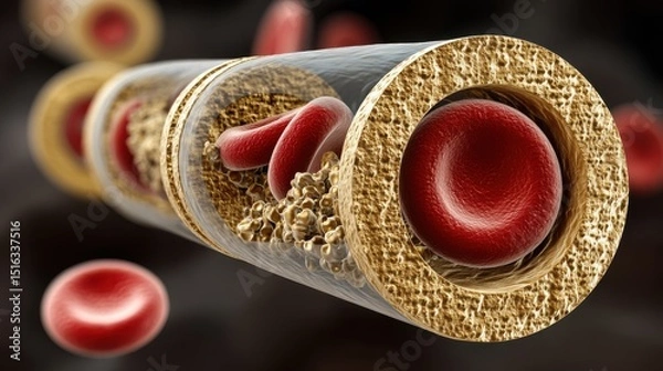 Obraz 3D medical illustration of a partially transparent artery showing red blood cells and cholesterol plaque buildup, illustrating atherosclerosis and blood flow.
