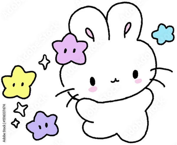 Obraz 별들과 함께 있는 귀여운 토끼 캐릭터 손그림 스티커