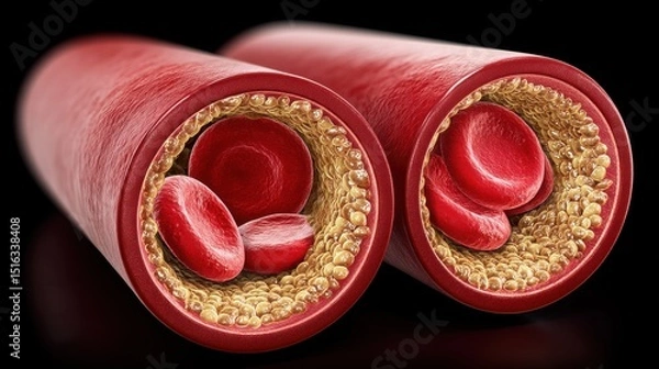 Obraz Realistic 3D rendering of arteries showing red blood cells and cholesterol plaque accumulation, depicting atherosclerosis and cardiovascular risk.
