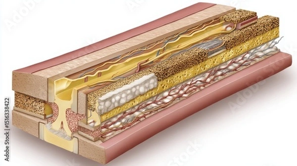 Obraz Detailed medical illustration of an artery showing plaque buildup, vessel layers, and a stent inserted to restore blood flow.
