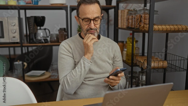 Fototapeta Middle-aged hispanic man pondering in a modern office room, sitting at a desk with a phone and laptop amidst stylish interior shelves and decor.